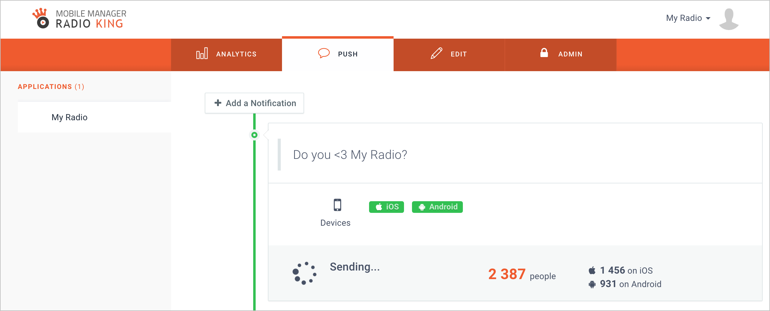 Capture d’écran de l’interface de gestion mobile de l’application RadioKing Manager App montrant des statistiques et options de notifications