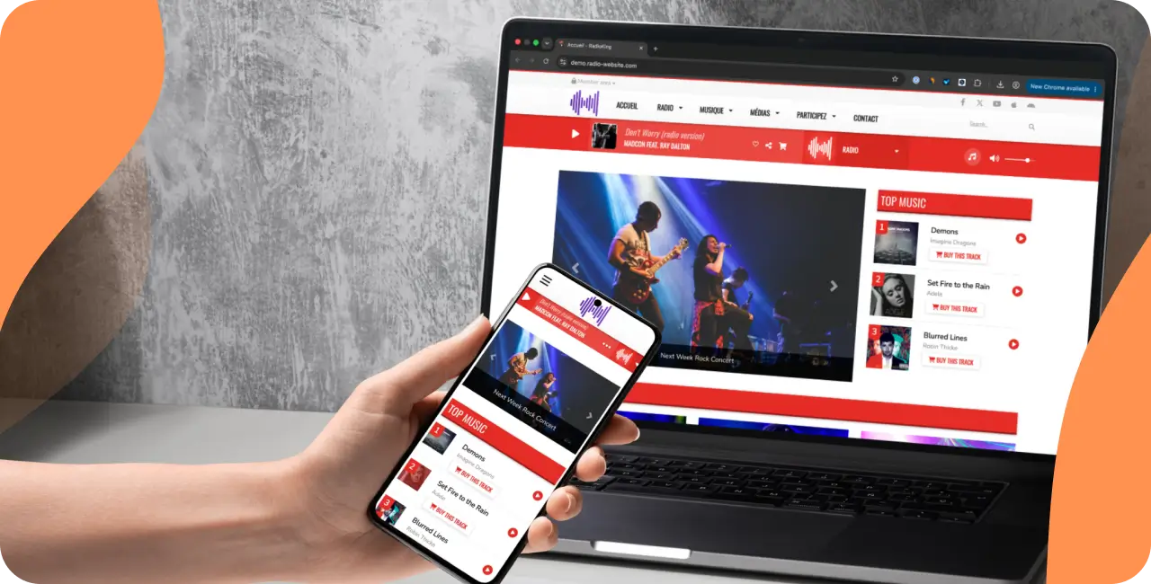 Exemple de site web adaptatif pour écouter la radio sur un écran d'ordinateur et un smartphone